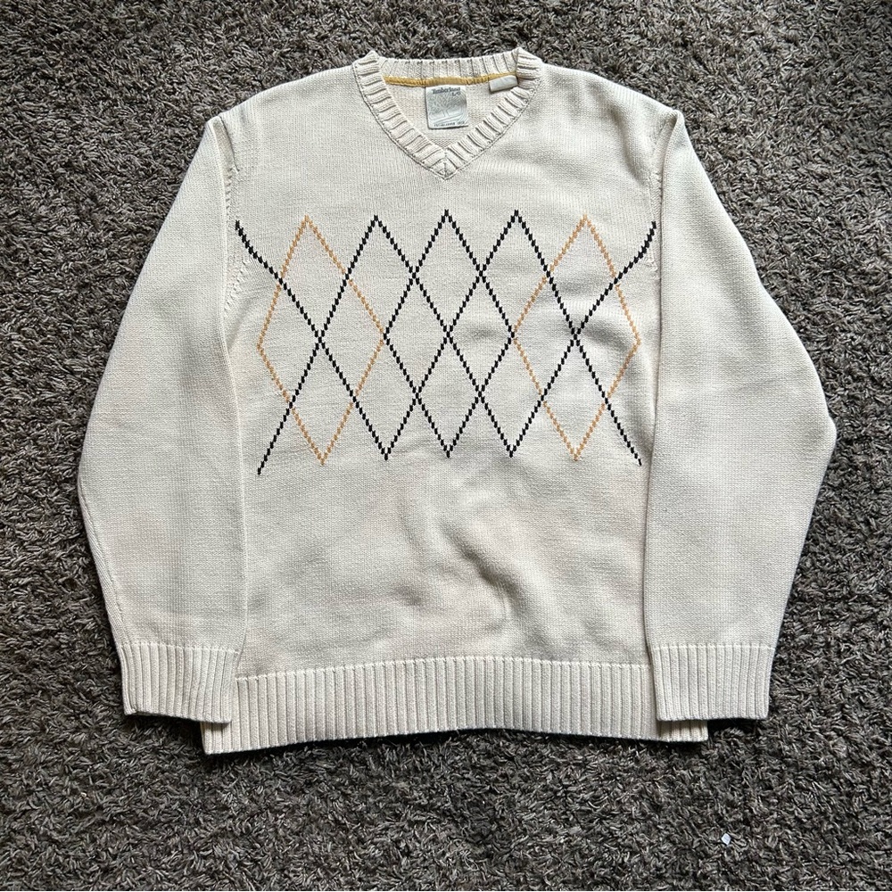 Y2K Timberland Men’s Large Cable Knit Geometric Diamond V-Neck Sweater Cream